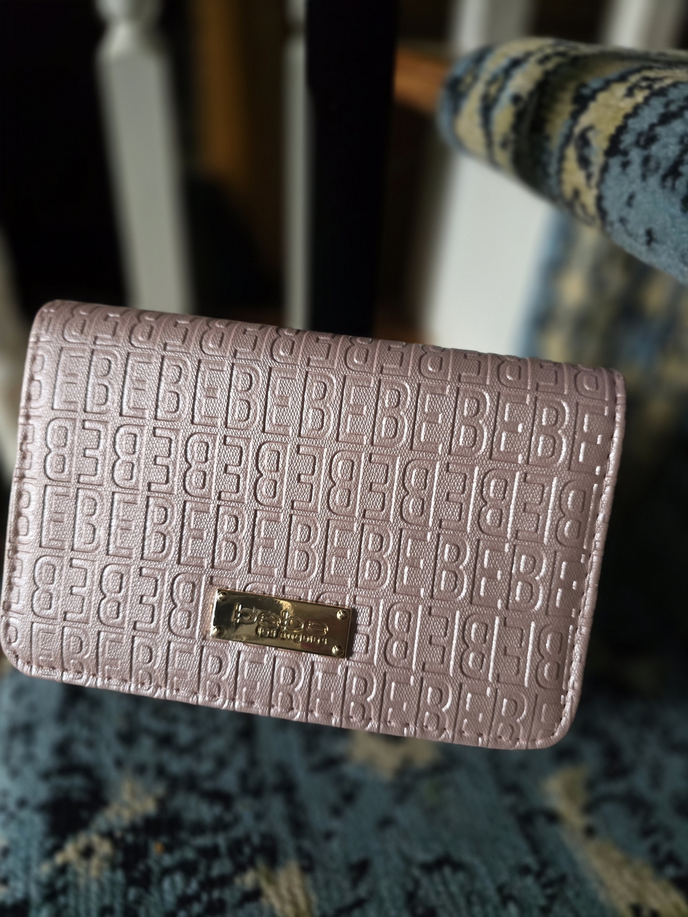 bebe Quilted Logo Wristlet in Blush Pink with Gold Plaque